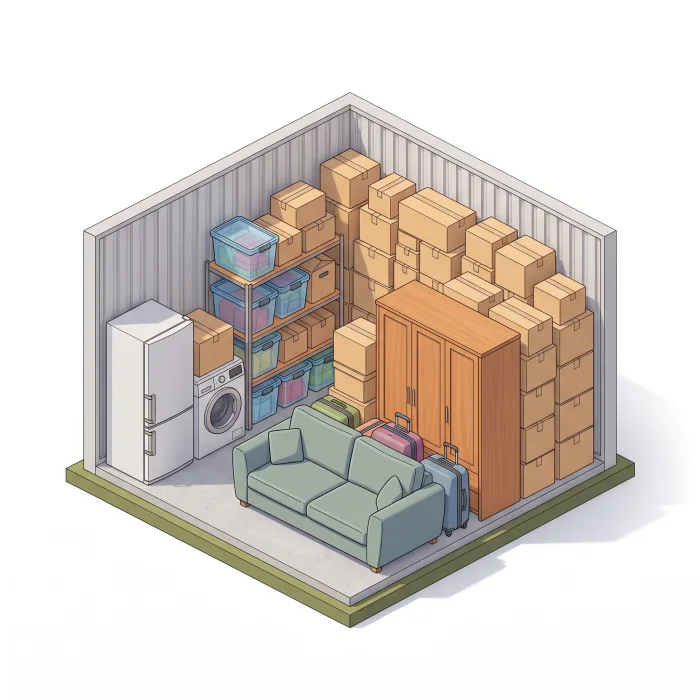 Box extra grande de 10 m² ou mais com móveis de uma casa completa