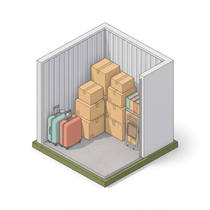 Box compacto de cerca de 3 m² com caixas, documentos e malas