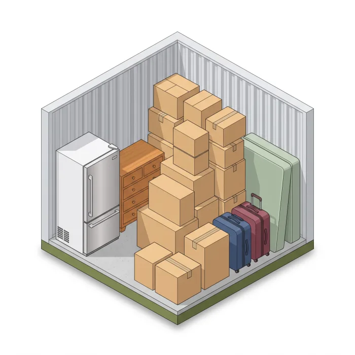 Box médio de 3 a 5 m² com geladeira, cômoda, colchão e caixas