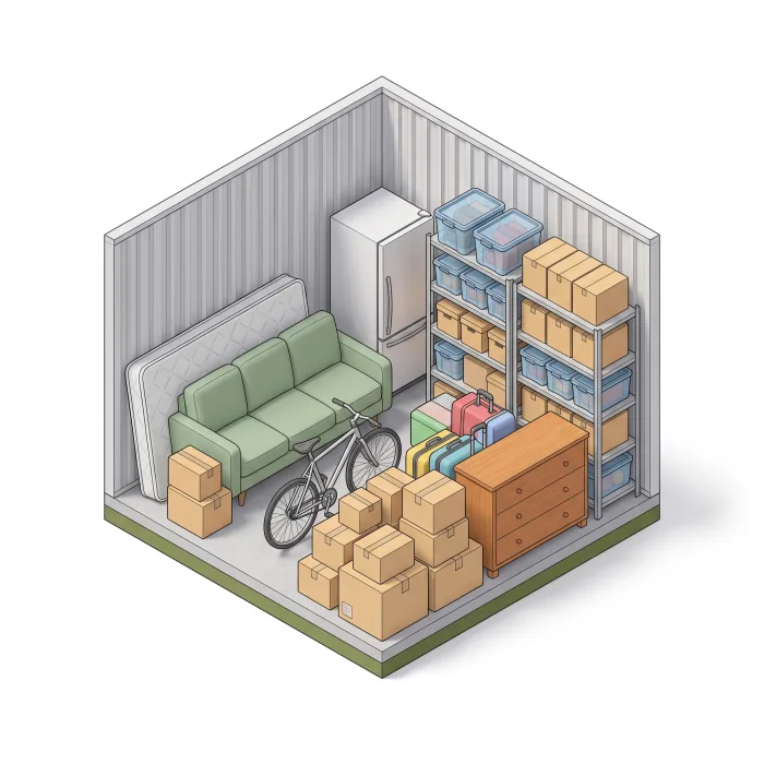 Box grande de 6 a 9 m² com sofá, geladeira, estante, bicicleta e caixas